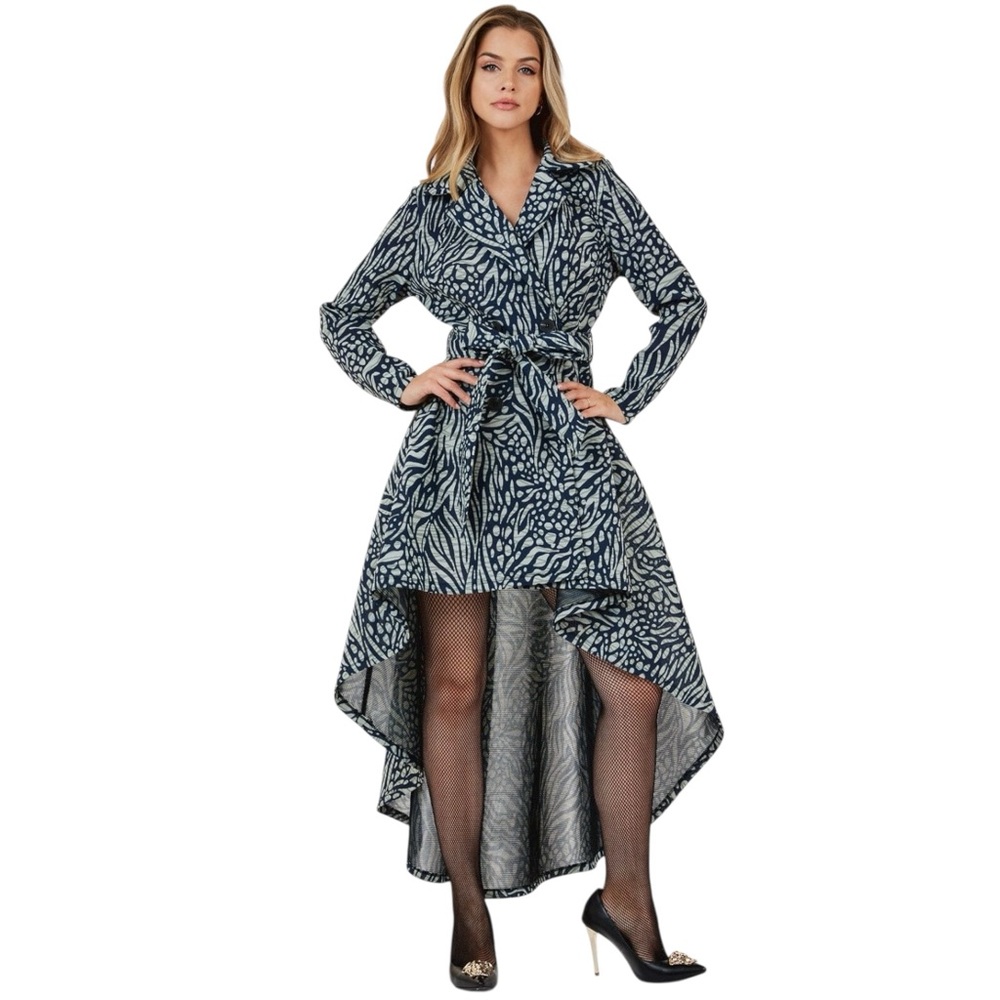 Navy High-Low Belted Shirt Dress – Animal Abstract Print Long Sleeve Sizes S M L